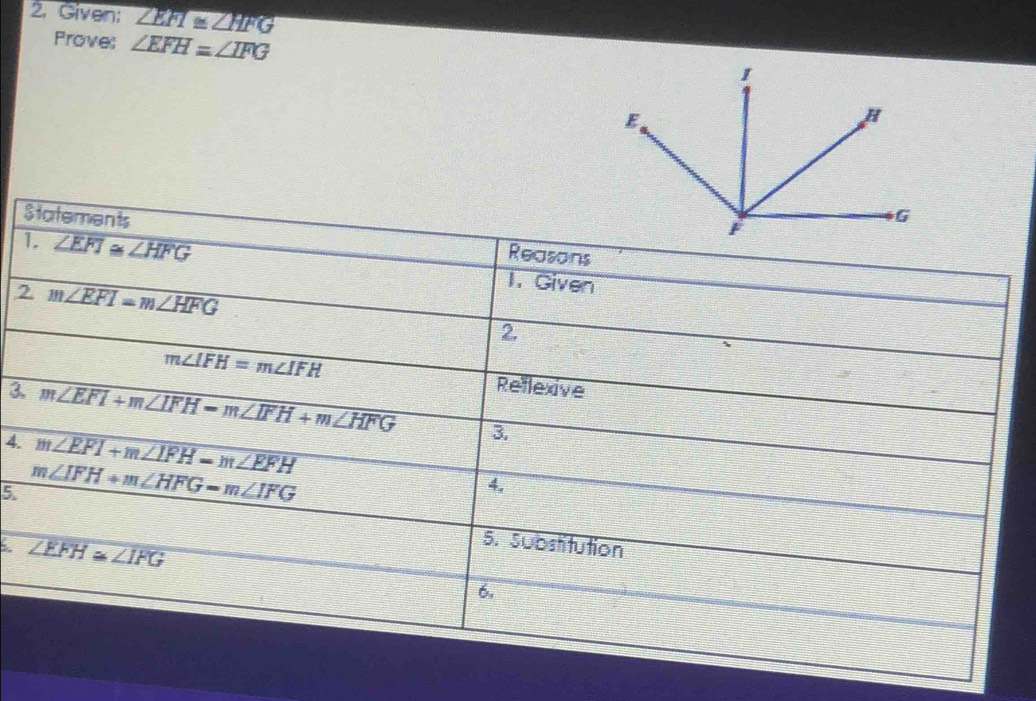 Given; ∠ EFI≌ ∠ HFG
Prove: ∠ EFH=∠ IFG
Statements Reasons 
1. ∠ EFI≌ ∠ H≌ ∠ HFG 1. Given 
2 m∠ EFI=m∠ HFG
2.
m∠ IFH=m∠ IFH Reflexive 
3 m∠ EFI+m∠ IFH-m∠ IFH+m∠ HFG 3. 
4. m∠ EFI+m∠ IFH=m∠ EFH
5 m∠ IFH+m∠ HFG=m∠ IFG
4.
∠ EFH≌ ∠ IFG
5. Substitution 
6.