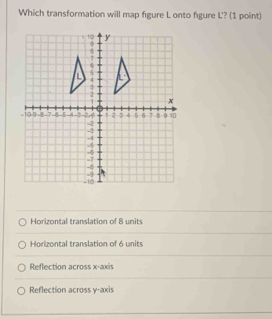 Which transformation will map figure L onto figure L'? (1 point)
Horizontal translation of 8 units
Horizontal translation of 6 units
Reflection across x-axis
Reflection across y-axis