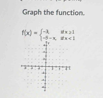 Graph the function.
f(x)=beginarrayl -3,ifx≥ 1 -5-x,ifx<1endarray.