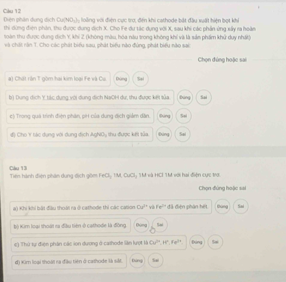 Diện phân dung dịch Cu(NO_3)_2 loãng với điện cực trơ, đến khi cathode bắt đầu xuất hiện bọt khí
thì dừng điện phân, thu được dung dịch X. Cho Fe dư tác dụng với X, sau khi các phản ứng xảy ra hoàn
toàn thu được dung dịch Y, khi Z (không màu, hóa nâu trong không khí và là sản phẩm khử duy nhất)
và chất răn T. Cho các phát biểu sau, phát biểu nào đúng, phát biểu nào sai:
Chọn đúng hoặc sai
a) Chất rần T gồm hai kim loại Fe và Cu. Dùng Sai
b) Dung dịch Y tác dụng với dung dịch NaOH dư, thu được kết tủa. Dúng Sai
c) Trong quá trình điện phân, pH của dung dịch giảm dân. Đùng Sai
d) Cho Y tác dụng với dung dịch AgNO_3 thu được kết tủa. Dùng Sai
Câu 13
Tiến hành điện phân dung dịch gồm FeCl_21M, CuCl_2 1M và HCl 1M với hai điện cực trơ
Chọn đúng hoặc sai
a) Khi khí bắt đầu thoát ra ở cathode thì các cation Cu^(2+) và Fe^(2+) đã điện phân hết. Dúng Sai
b) Kim loại thoát ra đầu tiên ở cathode là đồng. Dúng Sai
c) Thứ tự điện phân các ion dương ở cathode lần lượt là Cu^(2+), H^+, Fe^(2+). Dúng Sai
d) Kim loại thoát ra đầu tiên ở cathode là sắt. Đùng Sai
