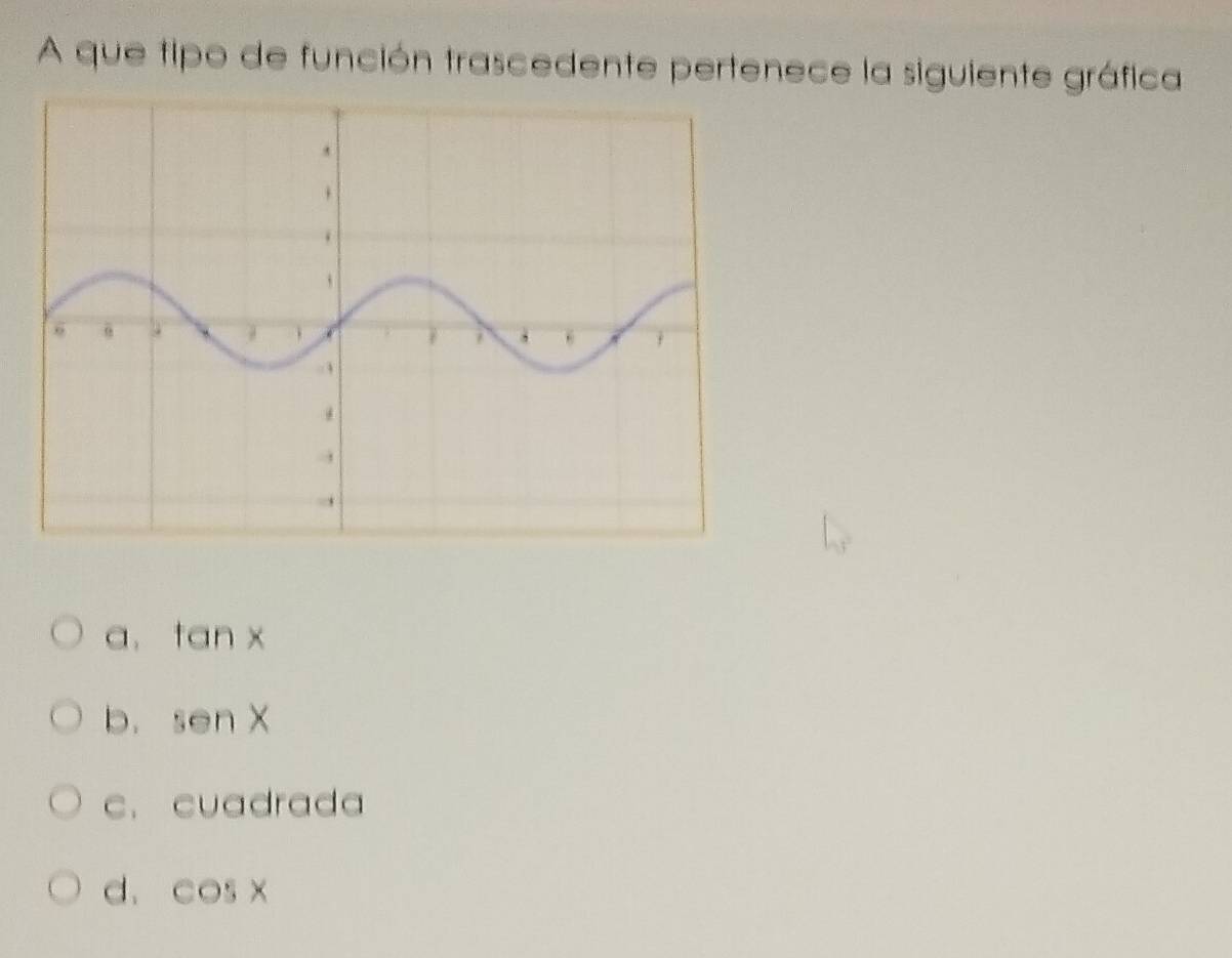 A que tipo de función trascedente pertenece la siguiente gráfica
a. tan x
b. senX
c. cuadrada
d. cos x