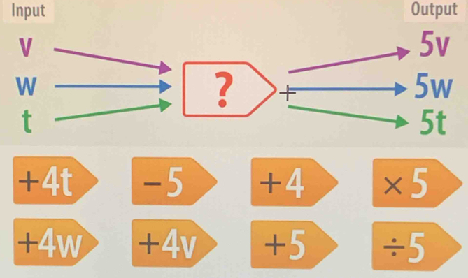 Input Output
V
5v
W
?
5w
t
5t
+4t -5 +4 * 5
+4w +4v +5 ÷5