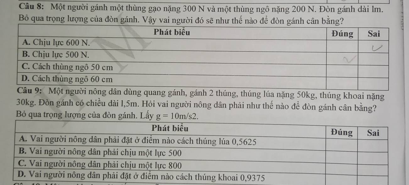 Một người gánh một thùng gạo nặng 300 N và một thùng ngô nặng 200 N. Đòn gánh dài lm. 
Bỏ qua trọng lượng của đòn gánh. Vậy vai người đó sẽ như thế nào để đòn gánh cân bằng? 
quang gánh, gánh 2 thúng, thúng lúa nặng 50kg, thúng khoai nặng
30kg. Đòn gánh có chiều dài l, 5m. Hỏi vai người nông dân phải như thế nào để đòn gánh cân bằng? 
Bỏ qua trọng lượng của đòn gánh. Lấy g=10m/s2.