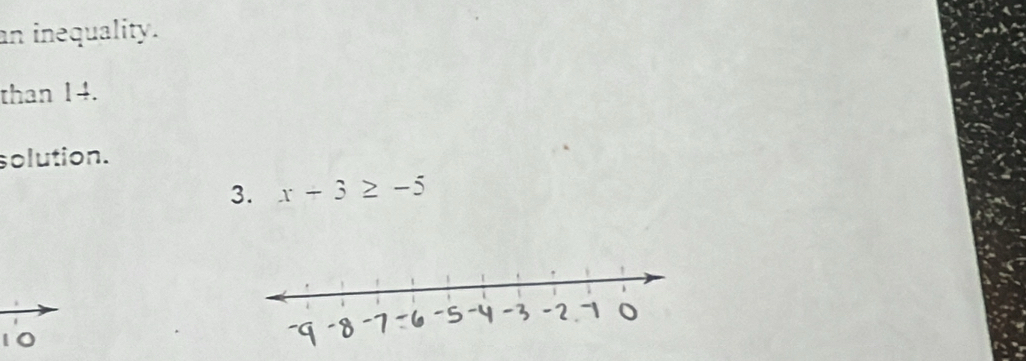 an inequality. 
than 14. 
solution. 
3. x+3≥ -5