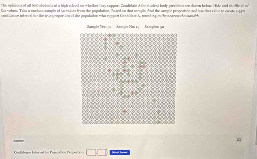 The opinions of all 600 students at a high school on whether they support Candidate A for student body president are shown below. Hide and shuffle all of 
the values. Take a random sample of 50 values from the population. Based on that sample, find the sample proportion and use that value to create a 95%
confidence interval for the true proportion of the population who support Candidate A, rounding to the neorest thousandth. 
Answer 
Confidence Interval for Population Proportion: Suhenit Anewer