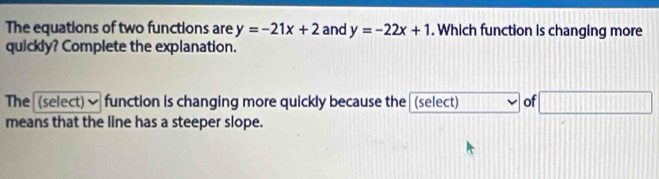 The equations of two functions are y=-21x+2 and y=-22x+1. Which function is changing more 
quickly? Complete the explanation. 
The (select)✔ function is changing more quickly because the (select) of 10000
means that the line has a steeper slope.