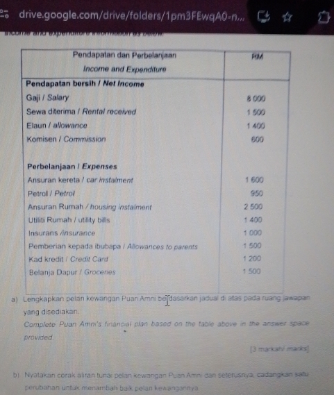 drive.google.com/drive/folders/1pm3FEwqA0=n.,, 
income and expenuiure in 
a 
yang disediakan. 
Complete Puan Amni's financial plan based on the table above in the answer space 
provided. 
[3 markatí marks] 
b) Nyatakan corak aliran tunai pelan kewangan Puan Amni dan seterusnya, cadangkan safu 
perubahan untuk menambah baik pelan kewangannya.