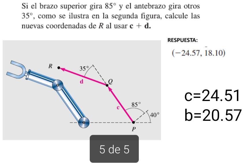 Si el brazo superior gira 85°y el antebrazo gira otros
35° , como se ilustra en la segunda figura, calcule las
nuevas coordenadas de R al usar c+d.
RESPUESTA:
(-24. 57, 18.10)
c=24.51
b=20.57
5 de 5