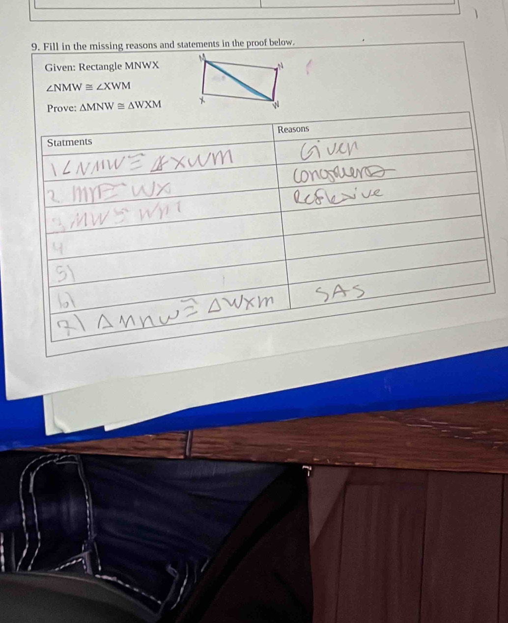 1 
9. Fill in the missing reasons and statements in the proof below. 
Given: Rectangle MNWX
∠ NMW≌ ∠ XWM
Prove: △ MNW≌ △ WXM
Reasons 
Statments