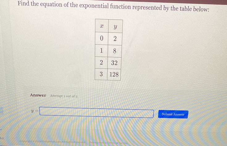 Solved: Find the equation of the exponential function represented by ...