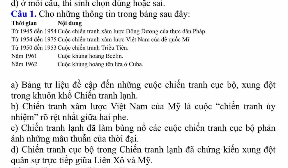 ở môi câu, thí sinh chọn đúng hoặc sai. 
Câu 1. Cho những thông tin trong bảng sau đây: 
Thời gian Nội dung 
Từ 1945 đến 1954 Cuộc chiến tranh xâm lược Đông Dương của thực dân Pháp. 
Từ 1954 đến 1975 Cuộc chiến tranh xâm lược Việt Nam của đế quốc Mĩ 
Từ 1950 đến 1953 Cuộc chiến tranh Triều Tiên. 
Năm 1961 Cuộc khủng hoảng Beclin. 
Năm 1962 Cuộc khủng hoảng tên lửa ở Cuba. 
a) Bảng tư liệu đề cập đến những cuộc chiến tranh cục bộ, xung đột 
trong khuôn khổ Chiến tranh lạnh. 
b) Chiến tranh xâm lược Việt Nam của Mỹ là cuộc “chiến tranh ủy 
nhiệm' rõ rệt nhất giữa hai phe. 
c) Chiến tranh lạnh đã làm bùng nổ các cuộc chiến tranh cục bộ phản 
ánh những mâu thuẫn của thời đại. 
d) Chiến tranh cục bộ trong Chiến tranh lạnh đã chứng kiến xung đột 
quân sự trực tiếp giữa Liên Xô và Mỹ.