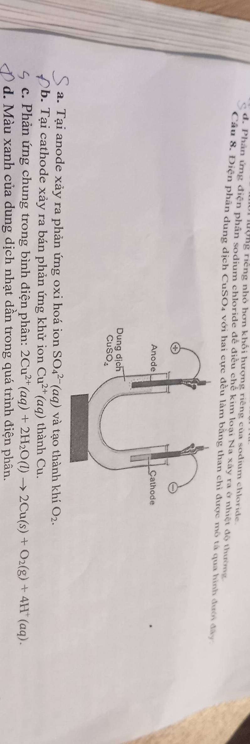 lưộng riếng nhỏ hơn khối hượng riêng của sodium chloride.
d. Phân ứng điện phần sodium chloride đề điều chế kim loại Na xảy ra ở nhiệt độ thường
Cầu 8. Điện phân dung dịch CuSO4 với hai cực đều làm bằng than chì được mô tả qua hình đưới đây,
a. Tại anode xảy ra phản ứng oxi hoá ion SO_4^((2-)(aq) và tạo thành khí O_2).
b. Tại cathode xảy ra bán phản ứng khử ion Cu^(2+)(aq) thành Cu.
c. Phản ứng chung trong bình điện phân: 2Cu^(2+)(aq)+2H_2O(l)to 2Cu(s)+O_2(g)+4H^+(aq).
d. Màu xanh của dung dịch nhạt dần trong quá trình điện phân.