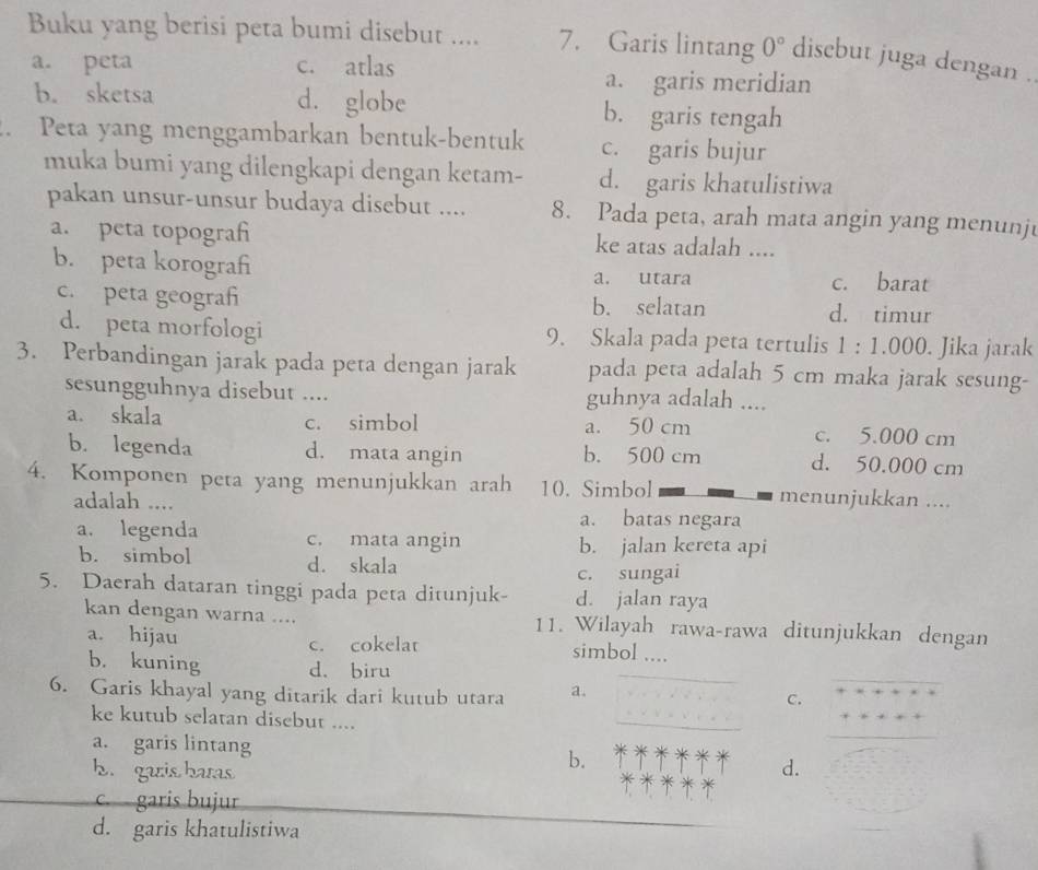 Buku yang berisi peta bumi disebut .... 7. Garis lintang 0° disebut juga dengan .
a. peta c. atlas
a. garis meridian
b. sketsa d. globe b. garis tengah
. Peta yang menggambarkan bentuk-bentuk c. garis bujur
muka bumi yang dilengkapi dengan ketam- d. garis khatulistiwa
pakan unsur-unsur budaya disebut .... 8. Pada peta, arah mata angin yang menunji
a. peta topograh ke atas adalah ....
b. peta korografi a. utara c. barat
c. peta geograh b. selatan d. timur
d. peta morfologi 9. Skala pada peta tertulis 1 : 1.000. Jika jarak
3. Perbandingan jarak pada peta dengan jarak pada peta adalah 5 cm maka jarak sesung-
sesungguhnya disebut .... guhnya adalah ....
a. skala c. simbol a. 50 cm c. 5.000 cm
b. legenda d. mata angin b. 500 cm d. 50.000 cm
4. Komponen peta yang menunjukkan arah 10. Simbol menunjukkan ....
adalah .... a. batas negara
a. legenda c. mata angin b. jalan kereta api
b. simbol d. skala
c. sungai
5. Daerah dataran tinggi pada peta ditunjuk- d. jalan raya
kan dengan warna .... 11. Wilayah rawa-rawa ditunjukkan dengan
a. hijau c. cokelat simbol ....
b. kuning d. biru
6. Garis khayal yang ditarik dari kutub utara a.
C.
ke kutub selatan disebut ....
a. garis lintang b.
h.  garis haras d.
c. garis bujur
d. garis khatulistiwa