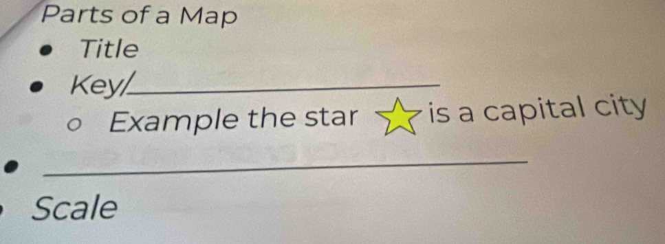 Parts of a Map 
Title 
Key_ 
Example the star is a capital city 
_ 
Scale