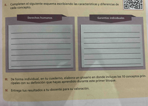 II Completen el siguiente esquema escribiendo las características y diferencias de 
cada concepto. 
Derechos humanos Garantias individuales 
_ 
_ 
_ 
_ 
_ 
_ 
_ 
_ 
_ 
_ 
_ 
_ 
_ 
_ 
III. De forma individual, en tu cuaderno, elabora un glosario en donde incluyas los 10 conceptos prin- 
cipales con su definición que hayas aprendido durante este primer bloque. 
IV. Entrega tus resultados a tu docente para su valoración.