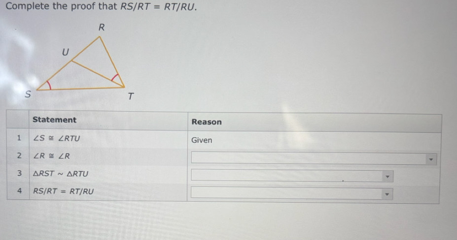 Complete the proof that RS/RT=RT/RU.