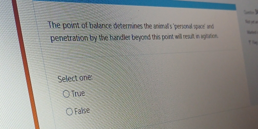 Curetion 3
Not pet w
The point of balance determines the animal's "personal space" and Wuded 
penetration by the handler beyond this point will result in agitation.
Select one:
True
False