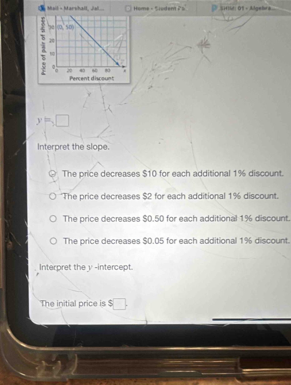 Mail - Marshall, Jal... D Home - Siudent Pa SHIM: 01 - Algebra   
Y
y=□
Interpret the slope.
The price decreases $10 for each additional 1% discount.
The price decreases $2 for each additional 1% discount.
The price decreases $0.50 for each additional 1% discount.
The price decreases $0.05 for each additional 1% discount.
Interpret the y -intercept.
The initial price is $