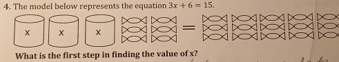 The model below represents the equation 3x+6=15. 
= 
What is the first step in finding the value of x?