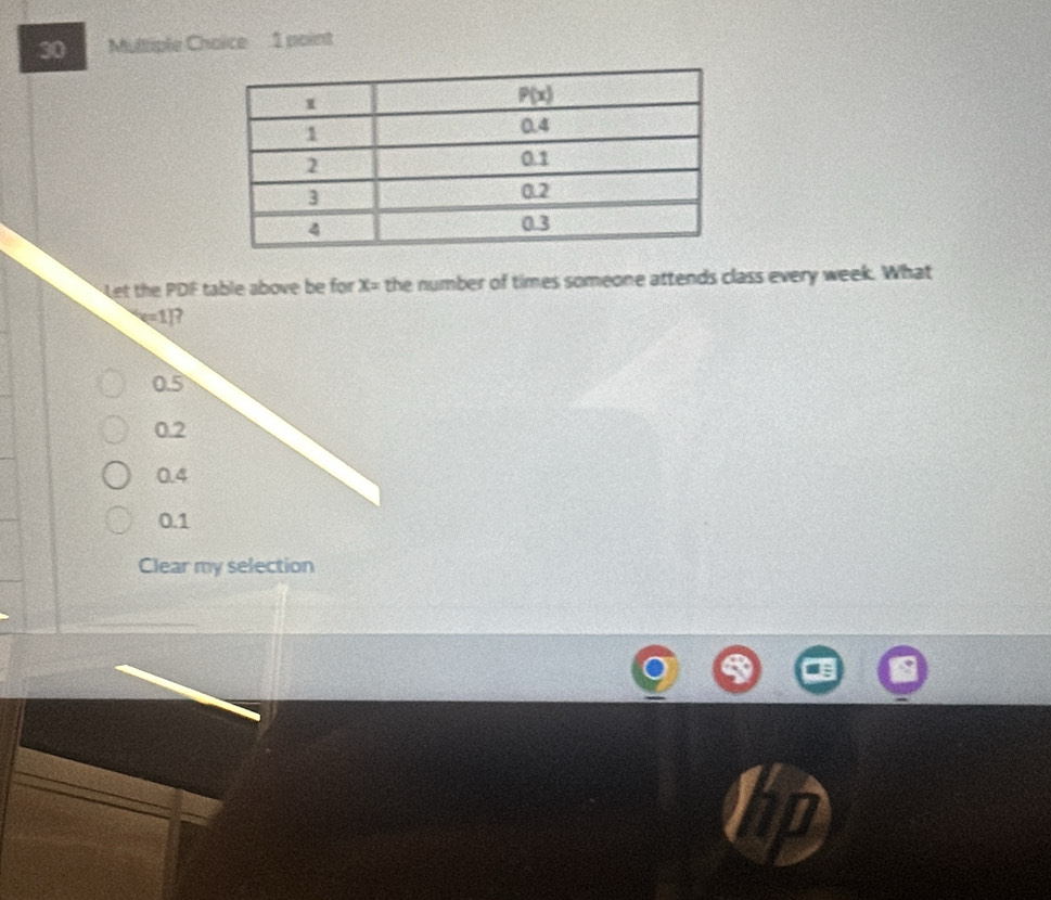 Let the PDF table above be for x= the number of times someone attends class every week. What
arrow 1] 7
0.5
0.2
0.4
0.1
Clear my selection