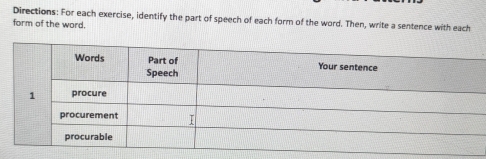 Directions: For each exercise, identify the part of speech of each form of the word. Then, write a sentence with each 
form of the word.