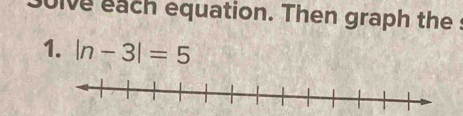 solve each equation. Then graph the : 
1. |n-3|=5