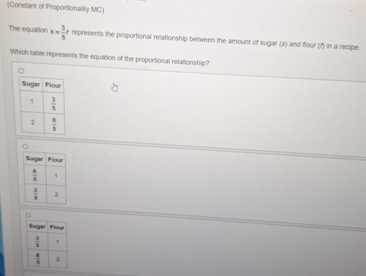 (Constant of Proportionality MC)
The equation s= 3/5 t f represents the proportional relationship between the amount of sugar (s) and flour (1) in a recipe.
Which table represents the equation of the proportional relationship?