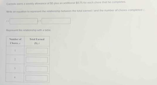 Carmelo eams a weekly allowance of $5 plus an additional $0.75 for each chore that he completes.
Write an equation to represent the relationship between the total earned : and the number of chores completed c.
t=□ c+□
Represent the relationship with a table.