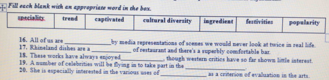 Fill each blank with an appropriate word in the box. 
16. All of us are _by media representations of scenes we would never look at twice in real life. 
17. Rhineland dishes are a _of restaurant and there's a superbly comfortable bar. 
18. These works have always enjoyed_ , though western critics have so far shown little interest. 
_ 
19. A number of celebrities will be flying in to take part in the 
20. She is especially interested in the various uses of _as a criterion of evaluation in the arts.