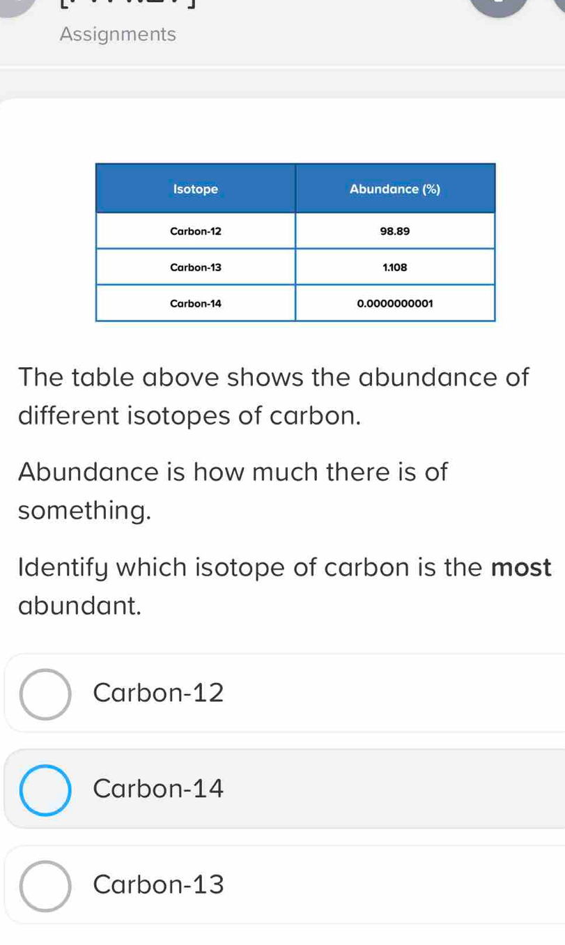 Assignments
The table above shows the abundance of
different isotopes of carbon.
Abundance is how much there is of
something.
Identify which isotope of carbon is the most
abundant.
Carbon- 12
Carbon- 14
Carbon- 13