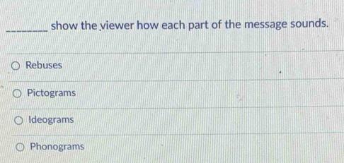 show the viewer how each part of the message sounds.
Rebuses
Pictograms
Ideograms
Phonograms