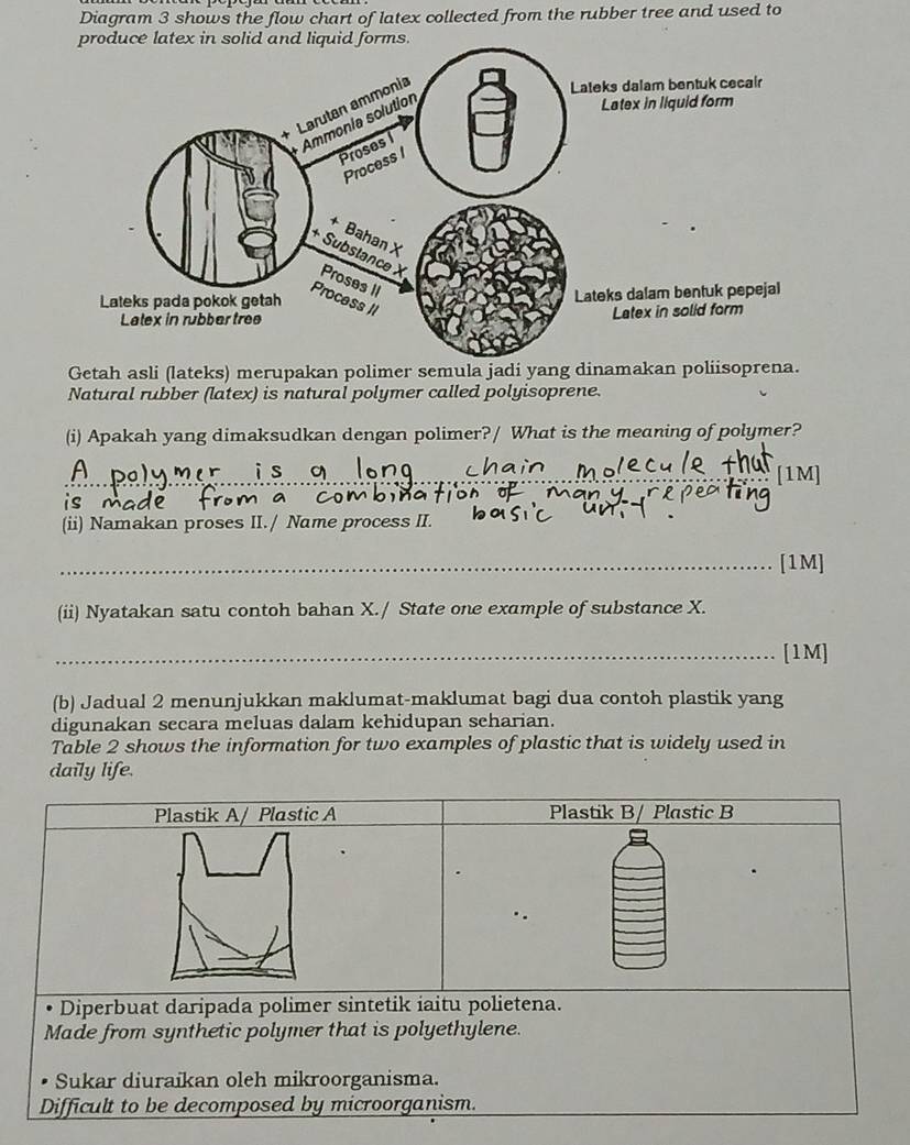 Diagram 3 shows the flow chart of latex collected from the rubber tree and used to 
oduce latex in solid and liquid forms. 
Getah asli (lateks) merupakan polimer semula jadi yang dinamakan poliisoprena. 
Natural rubber (latex) is natural polymer called polyisoprene. 
(i) Apakah yang dimaksudkan dengan polimer?/ What is the meaning of polymer? 
_[1M] 
S 
(ii) Namakan proses II. / Name process II. 
_[1M] 
(ii) Nyatakan satu contoh bahan X./ State one example of substance X. 
_[1M] 
(b) Jadual 2 menunjukkan maklumat-maklumat bagi dua contoh plastik yang 
digunakan secara meluas dalam kehidupan seharian. 
Table 2 shows the information for two examples of plastic that is widely used in 
daily life.