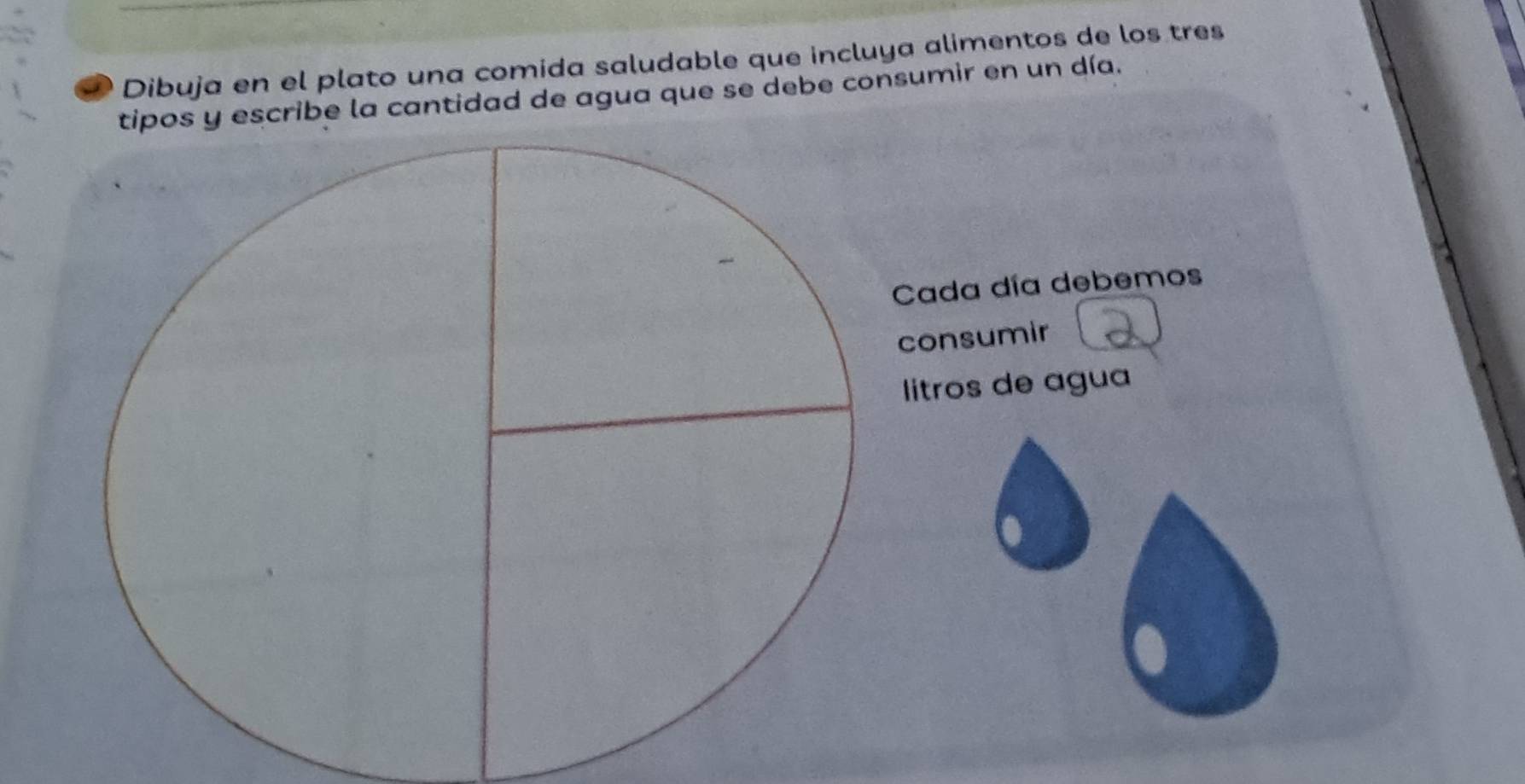 Dibuja en el plato una comida saludable que incluya alimentos de los tres 
tipos y escribe la cantidad de agua que se debe consumir en un día. 
Cada día debemos 
consumir 
litros de agua