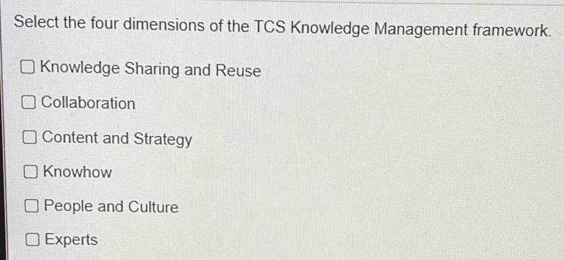 Solved: Select the four dimensions of the TCS Knowledge Management ...