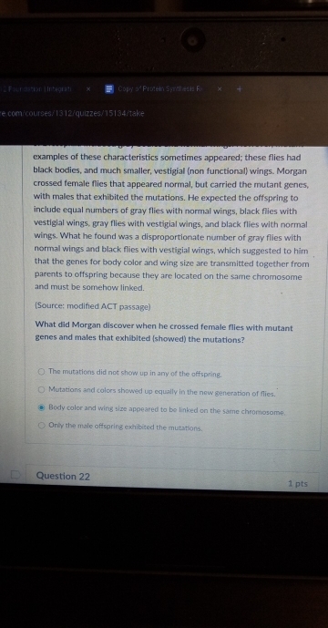 Foundiation Integra Copy of Protein Synthesis F
re.com/courses/1312/quizzes/15134/take
examples of these characteristics sometimes appeared; these flies had
black bodies, and much smaller, vestigial (non functional) wings. Morgan
crossed female flies that appeared normal, but carried the mutant genes,
with males that exhibited the mutations. He expected the offspring to
include equal numbers of gray flies with normal wings, black flies with
vestigial wings, gray flies with vestigial wings, and black flies with normal
wings. What he found was a disproportionate number of gray flies with
normal wings and black flies with vestigial wings, which suggested to him
that the genes for body color and wing size are transmitted together from
parents to offspring because they are located on the same chromosome
and must be somehow linked.
(Source: modified ACT passage)
What did Morgan discover when he crossed female flies with mutant
genes and males that exhibited (showed) the mutations?
The mutations did not show up in any of the offspring.
Mutations and colors showed up equally in the new generation of flies.
Body color and wing size appeared to be linked on the same chromosome.
Only the male offspring exhibited the mutations.
Question 22 1 pts
