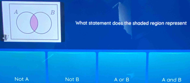 A
B
What statement does the shaded region represent
Not A Not B A or B A and B