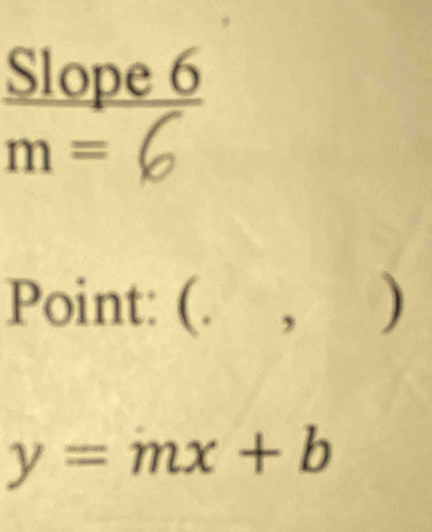 Slope 6
m=
Point: (. . , )
y=mx+b