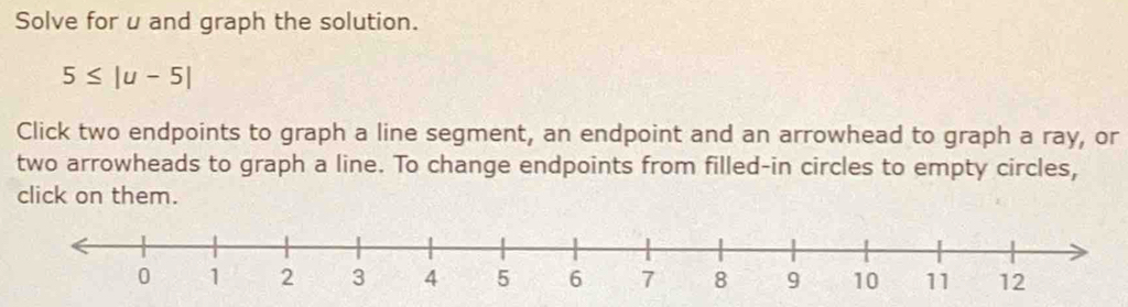 Solve for u and graph the solution.
5≤ |u-5|
Click two endpoints to graph a line segment, an endpoint and an arrowhead to graph a ray, or 
two arrowheads to graph a line. To change endpoints from filled-in circles to empty circles, 
click on them.