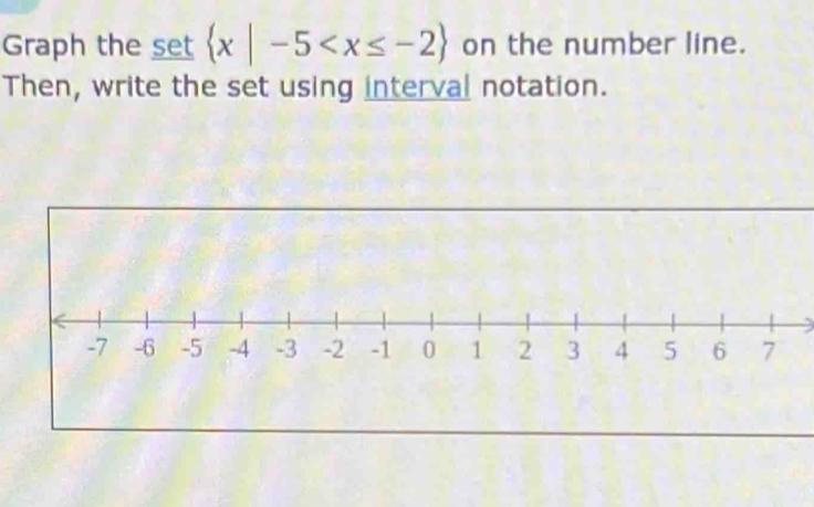 Graph the set x|-5 on the number line. 
Then, write the set using interval notation.