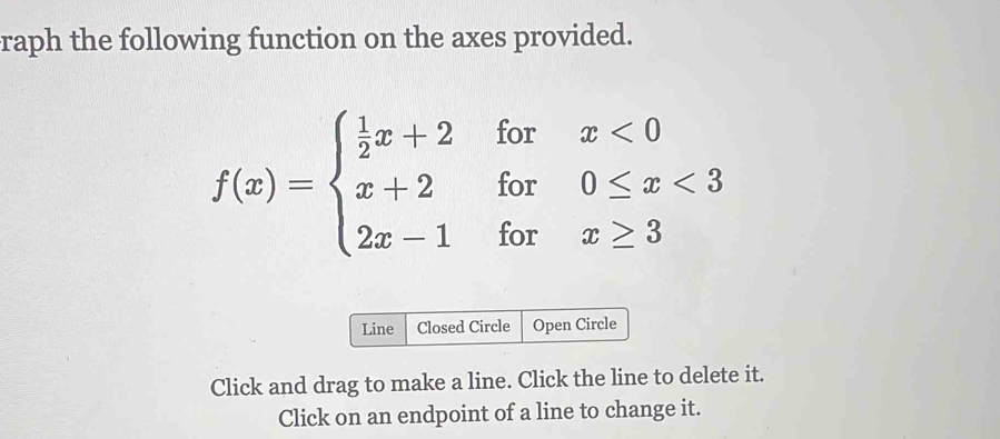 raph the following function on the axes provided.
f(x)=beginarrayl  1/2 x+2forx<0 x+2for0≤ x<3 2x-1forx≥ 3endarray.
Line Closed Circle Open Circle 
Click and drag to make a line. Click the line to delete it. 
Click on an endpoint of a line to change it.