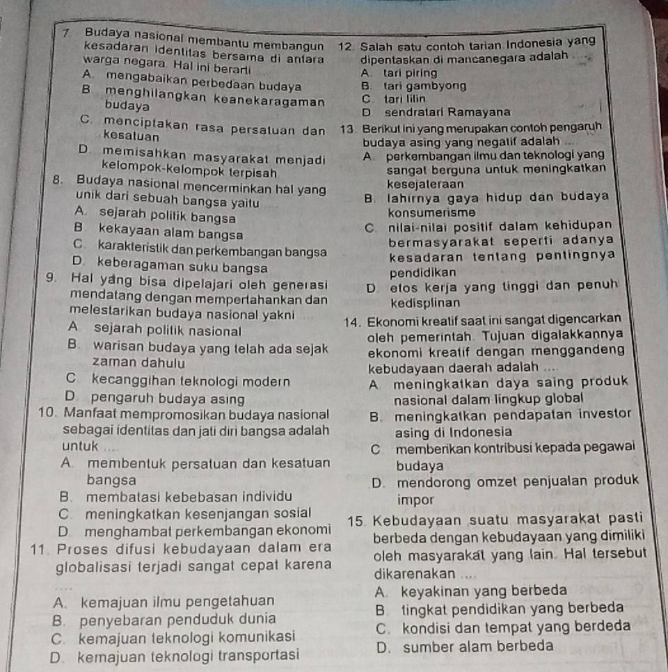 Budaya nasional membantu membangun 12. Salah satu contoh tarian Indonesia yan
kesadaran identilas bersama di antara dipentaskan di mancanegara adalah
warga negara. Hal ini berarti
A tari piring
A mengabaikan perbedaan budaya B. tari gambyong
B menghilangkan keanekaragaman C. tari lilin
budaya
D sendratari Ramayana
C. menciptakan rasa persatuan dan 13. Berikut ini yang merupakan contoh pengaruh
kesaluan
budaya asing yang negatif adalah
D. memisahkan masyarakat menjadi A perkembangan ilmu dan teknologi yan
kelompok-kelompok terpisah
sangal berguna untuk meningkatkan
8. Budaya nasional mencerminkan hal yang kesejaleraan
unik dari sebuah bangsa yaitu
B. lahirnya gaya hidup dan budaya
A. sejarah politik bangsa
konsumerisme
B kekayaan alam bangsa
C. nilai-nilaï positif dalam kehidupan
bermasyarakat seperti adanya
Ckarakteristik dan perkembangan bangsa kesadaran tentang pentingnya
D. keberagaman suku bangsa
pendidikan
9. Hal yang bisa dipelajari oleh generasi D. etos kerja yang tinggi dan penuh
mendatang dengan mempertahankan dan kedisplinan
melestarikan budaya nasional yakni
A sejarah politik nasional 14. Ekonomi kreatif saat ini sangat digencarkan
oleh pemerintah. Tujuan digalakkannya
B warisan budaya yang telah ada sejak ekonomi kreatif dengan mengganden
zaman dahulu
kebudayaan daerah adalah
C kecanggihan teknologi modern
A meningkatkan daya saing produk
D pengaruh budaya asing nasional dalam lingkup global
10. Manfaat mempromosikan budaya nasional B. meningkatkan pendapatan investor
sebagai identitas dan jati diri bangsa adalah asing di Indonesia
untuk ..
C memberikan kontribusi kepada pegawai
A membentuk persatuan dan kesatuan budaya
bangsa D. mendorong omzet penjualan produk
B. membatasi kebebasan individu impor
C meningkatkan kesenjangan sosial
Dmenghambat perkembangan ekonomi 15 Kebudayaan suatu masyarakat pasli
11. Proses difusi kebudayaan dalam era berbeda dengan kebudayaan yang dimiliki
oleh masyarakat yang lain. Hal tersebut
globalisasi terjadi sangat cepat karena dikarenakan
A. kemajuan ilmu pengetahuan A. keyakinan yang berbeda
B. penyebaran penduduk dunia Btingkat pendidikan yang berbeda
C. kondisi dan tempat yang berdeda
C. kemajuan teknologi komunikasi
D. sumber alam berbeda
D. kemajuan teknologi transportasi