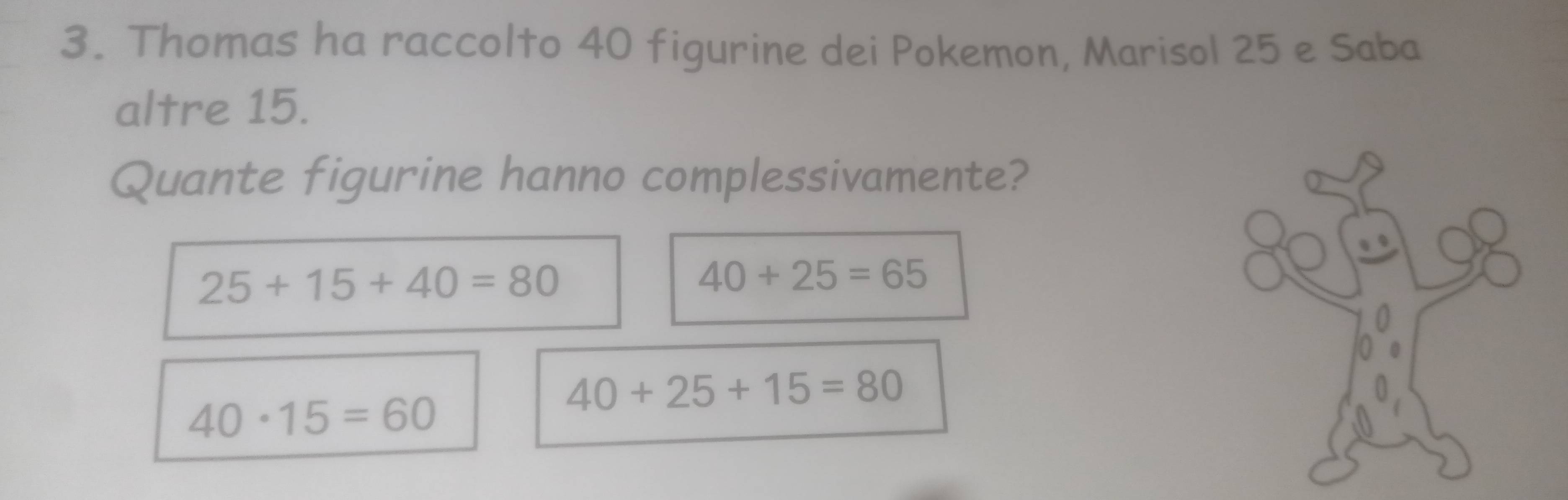 Thomas ha raccolto 40 figurine dei Pokemon, Marisol 25 e Saba
altre 15.
Quante figurine hanno complessivamente?
25+15+40=80
40+25=65
40· 15=60
40+25+15=80