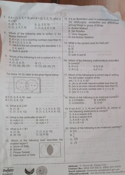 If A= 1,3,5,7,9 and B= 2,3,5,7 , what is 14. It is an illustration used in mathematics to show
A UB ? the relationship, similarities and differences
among things or group of things.
A.  3,5,7 B.  2,3,5,7 A. Roster Mathod
C.  2,3,5,7,9 D.  1,2,3,5,7,9
B. Set Notation
8. Which of the following sets is written in the C. Venn Diagram
Roster Method? D. Set-Builder Notation
A. A= x|x is a counting numbers less than 5
C. Set A is the set containing the elements 1, 2 15. What is the symbol used for Null set?
B. A= 1,2,3,4,5 A. 
D. Both A and B 3, 4, and 5
B. 0 C. ς
9. Which of the following is not a subset of A= 1, D. both A and B
3. 6,7)
16. Which of the following mathematical statement
C.  1 , 2 , 5 , 7 D. B.   is correct?
A.  1,3,5,7 A. R⊂eq Q B. Q⊂ W
 1 , 3 ,(5),(7)
C. N⊂ Q D. Z⊂ Q
For items 10-12 , refer to the given figure below 17. Which of the following is a correct way in writing
set the set builder notation of the
 -2,0,2,4,6 7
A. xix is an even natural number less than 8
B. xIx is an even natural númber less than 6
C. xix is an even number and -2≤ x≤ 6)
D.  x|x-2≤ x≤ 6
A= 1,2,3,4,5 and 18. Which of the following is an irrational number? B. 0.67875
B= 1,3,9,12 A. 2.3135654….
C. 0.4343434... D. 0.43
10. What is A∪ B ? 19. If set A= 1,2,3,4 and set B= 2,4 , which of
A.  1,3 B.  1,1,2,3,3,9,12
C.  1,3,9,12 D.  1,2,3,4,5,9,12 A. A is a subeet of B the following statements is correct?
11. What is the cardinality of set A? B. B is a subset of A
A. n(A)=3 B. n(A)=4 C. A∪ B= 2,4
C. n(A)=5 D. n(A)=7 D. A∩ B=varnothing
12. What is A∩ B ? 20. Which of the following is an irrational number?
A.  1,3 C.  1,3,9,12
B.  9,12 D.  2,4,5 B. A. 0.5
 3/4 
13. Which of the following best describes the C. sqrt[1](9)
shaded region? D. sqrt(9)
B. Subset A. Union of Sets ^ B
D. Intersection of Sets C. Proper Subset
Address: F. Torrea St. Davao City
DepED Contact No.: (082) 327-8315/ (082) 227-9355
MATATAG Emall Address: daveocity.nhec deped.gov.ph
OfficialFacebook：ww.facebook.com/dcnhsoffici