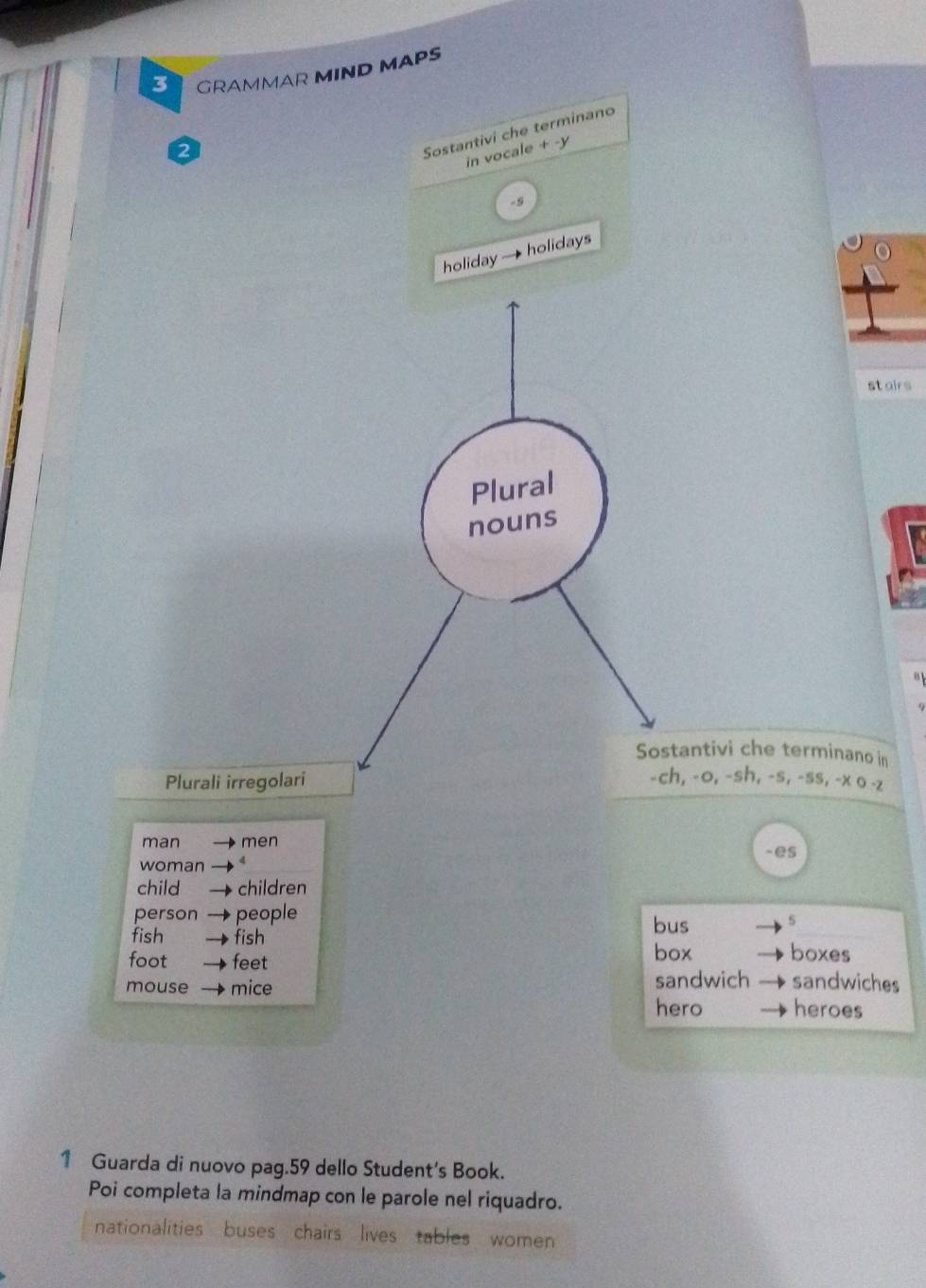 GRAMMAR MIND MAPS 
2 
Sostantivi che terminano 
in vocale + -y 
holiday — holidays 
stairs 
Plural 
nouns 
B 
Sostantivi che terminano in 
Plurali irregolari -ch, -o, -sh, -s, -ss, -x o -z 
man men 
-es 
woman 
child children 
person people 
fish fish 
bus s 
foot feet box boxes 
mouse mice sandwich sandwiches 
hero heroes 
1 Guarda di nuovo pag.59 dello Student's Book. 
Poi completa la mindmap con le parole nel riquadro. 
nationalities buses chairs lives tables women