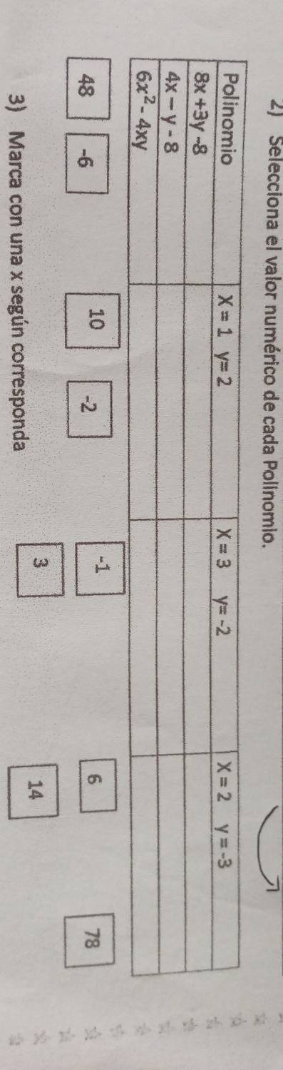 Selecciona el valor numérico de cada Polinomio.
10
-1
6
48 -6 -2 78
3
14
3) Marca con una x según corresponda