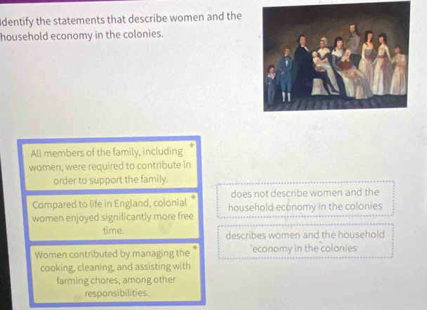 Identify the statements that describe women and the
household economy in the colonies.
All members of the family, including
women, were required to contribute in
order to support the family.
does not describe women and the
Compared to life in England, colonial household economy in the colonies
women enjoyed significantly more free
time. describes women and the household
Women contributed by managing the * economy in the colonies
cooking, cleaning, and assisting with
farming chores, among other
responsibilities.