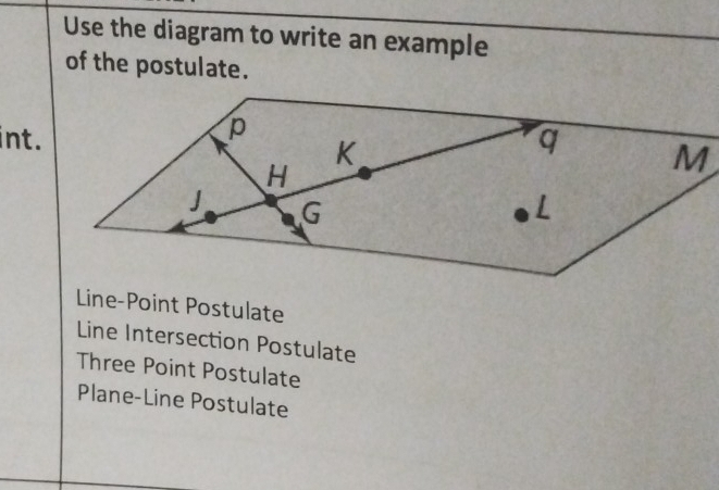 Use the diagram to write an example
of the postulate.
int.
Line-Point Postulate
Line Intersection Postulate
Three Point Postulate
Plane-Line Postulate