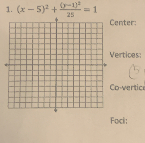 (x-5)^2+frac (y-1)^225=1
nter: 
rtices: 
o-vertice 
Foci: