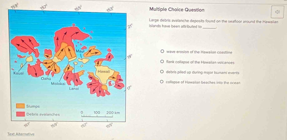 159° 157° Multiple Choice Question
Large debris avalanche deposits found on the seafloor around the Hawaiian
islands have been attributed to_
wave erosion of the Hawaiian coastline
flank collapse of the Hawaiian volcanoes
debris piled up during major tsunami events
collapse of Hawaiian beaches into the ocean
Text Alternative