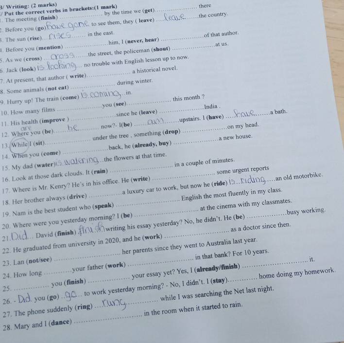 3/ Writing: (2 marks)
/ Put the correct verbs in brackets:(1 mark)
. The meeting (finish) by the time we (get) _there
2. Before you (go) __to see them, they ( leave)_ the country
3. The sun (rise) in the east
. Before you (mention) _him, l (never, hear) __of that author.
at us.
5. As we (cross) the street, the policeman (shout)
6 Jack (look) _no trouble with English lesson up to now.
7. At present, that author ( write) _a historical novel.
8. Some animals (not eat) _during winter.
9. Hurry up! The train (come)  in.
10. How many films _you (see)_ this month ?
11. His health (improve )_ since he (leave) _India .
a bath.
12. Where you (be) _now?- l(be) upstairs. l (have)
13./While)I (sit) _under the tree , something (drop) on my head.
14. When you (come) _back, he (already, buy) a new house
15. My dad (water) __the flowers at that time.
16. Look at those dark clouds. It (rain) in a couple of minutes.
17. Where is Mr. Kenry? He's in his office. He (write) some urgent reports
18. Her brother always (drive) a luxury car to work, but now he (ride) _an old motorbike.
19. Nam is the best student who (speak) English the most fluently in my class.
busy working
20. Where were you yesterday morning? I (be) _at the cinema with my classmates.
21_ David (finish) _writing his essay yesterday? No, he didn't. He (be)
22. He graduated from university in 2020, and he (work) as a doctor since then.
23. Lan (not/see) her parents since they went to Australia last year.
it.
24. How long __your father (work) _in that bank? For 10 years.
home doing my homework.
25.
you (finish) _your essay yet? Yes, I (already/finish)
26. -_ you (go) to work yesterday morning? - No, I didn't. I (stay)
27. The phone suddenly (ring) _while I was searching the Net last night.
28. Mary and I (dance) _in the room when it started to rain.